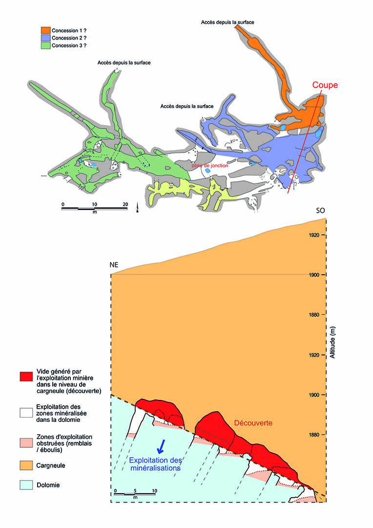 Figure 3 – Plan et coupe chantiers souterrains (Bramans, 73).